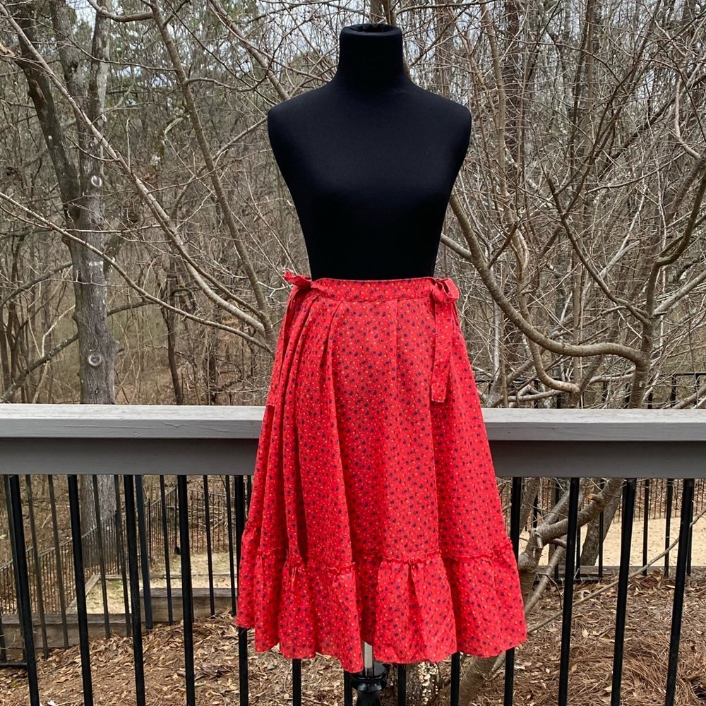Vintage 70s Floral Ruffle Hem Side Bows Prairie Square Dance Cottagecore Skirt